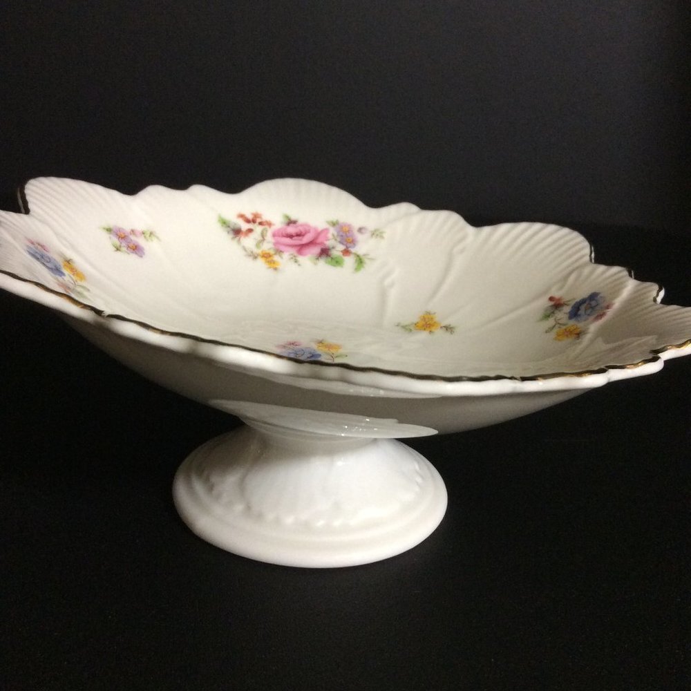 Yamaji Japan Footed Candy Dish White Floral Gold Trim